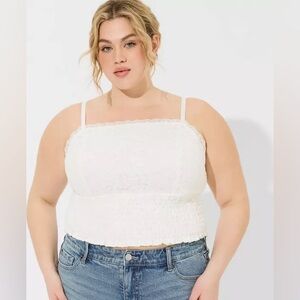 NWT TORRID Lace Square Neck Smocked Crop Top In Cloud Dancer